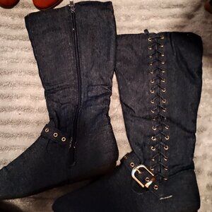Forever Denim, Womens Denim Blue Boots, 9, Knee high slouch, Zip up